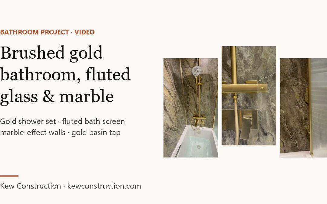 Brushed gold bathroom with fluted glass and marble-effect walls, Liverpool