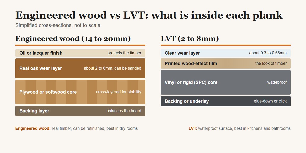 Engineered wood vs LVT cross-section diagram showing the layers inside each plank