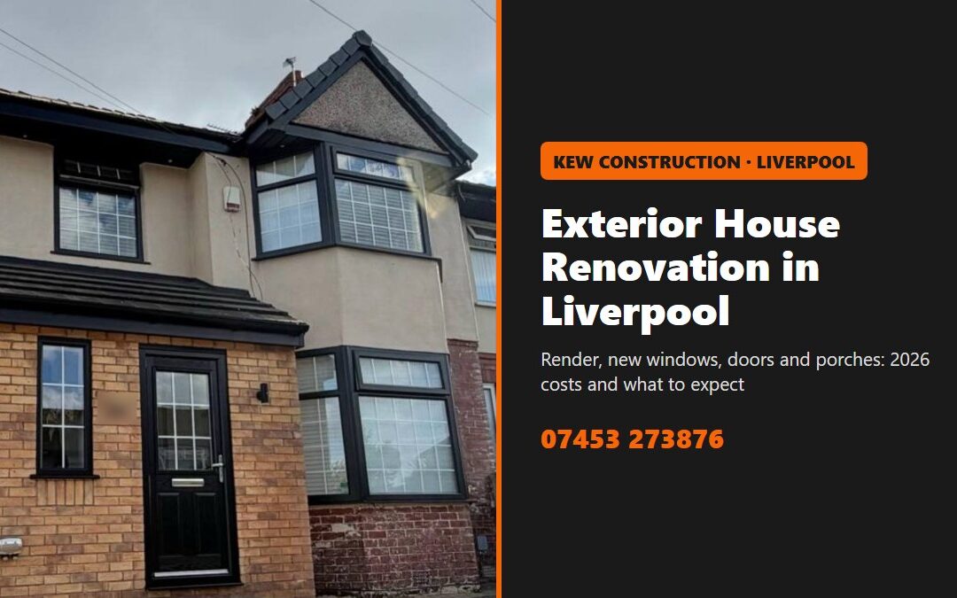 Exterior house renovation Liverpool: rendered semi with black windows, composite door and new brick porch