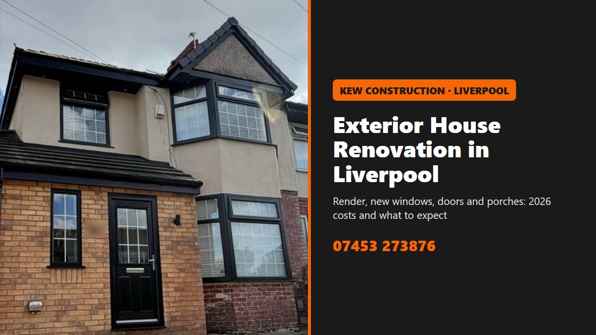 Exterior house renovation Liverpool: rendered semi with black windows, composite door and new brick porch
