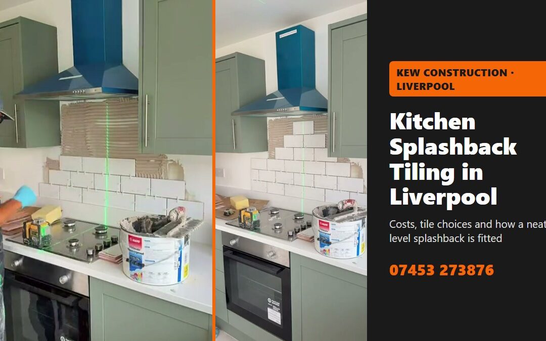 Kitchen splashback tiling Liverpool: white metro tiles being fitted behind a gas hob