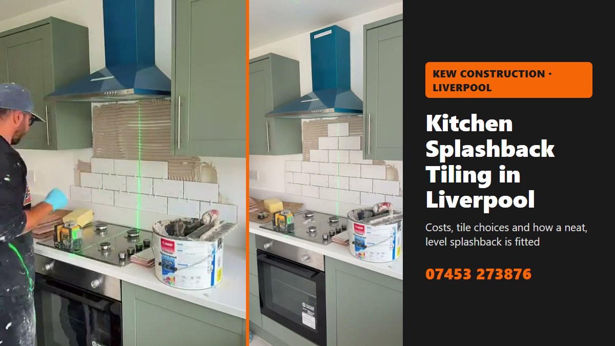 Kitchen splashback tiling Liverpool: white metro tiles being fitted behind a gas hob