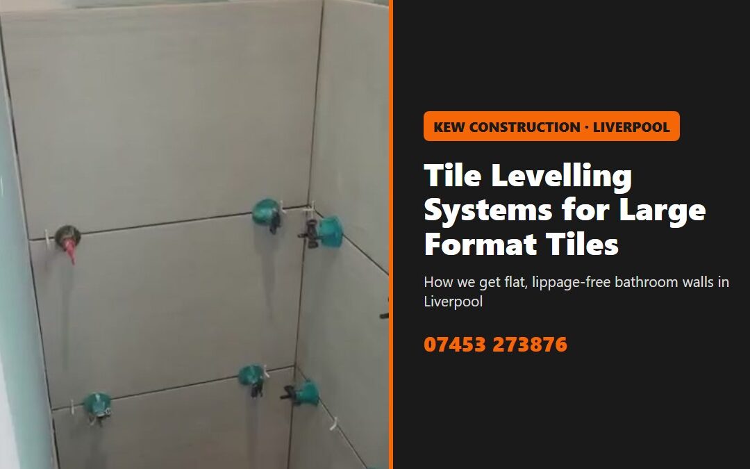Tile levelling system on large format bathroom wall tiles in Liverpool